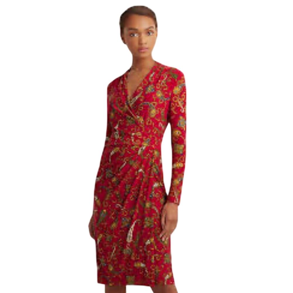 Lauren Ralph Lauren Red Paisley Faux Wrap Jersey Dress Size 10P - Picture 3 of 14